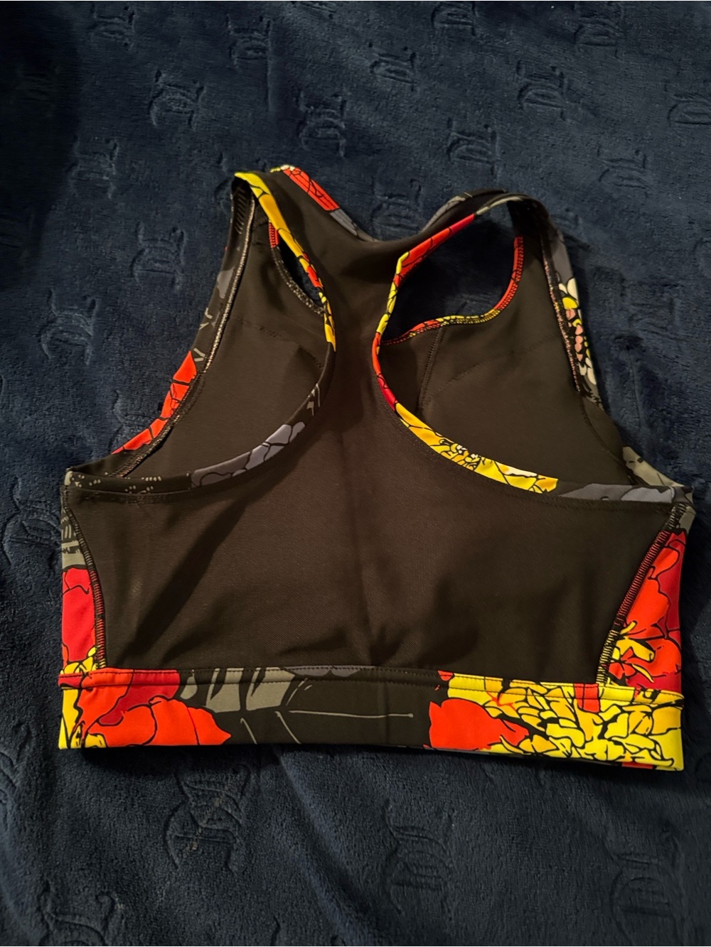adidas Black Sports Bra with Red and Yellow Floral Trim